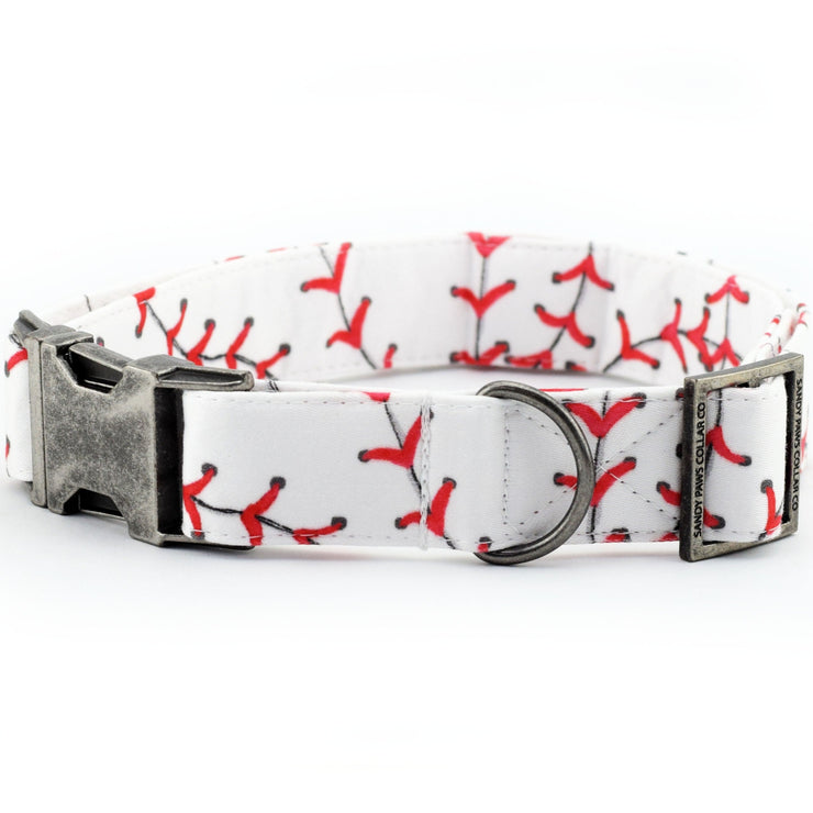 white fabric with red baseball laces dog collar with antique silver hardware