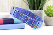 Sprinkles Dog Collar - Blue ~ Summer Print Fabric Dog Collar ~ Fashion Dog Collar ~ Rainbow/Iridescent Hardware ~ Sandy Paws Collar Co