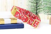 Christmas Lights Dog Collar - Red ~ Metallic Christmas Lights Cotton Fabric Fashion Dog Collar ~Yellow Gold Hardware ~ Sandy Paws Collar Co®