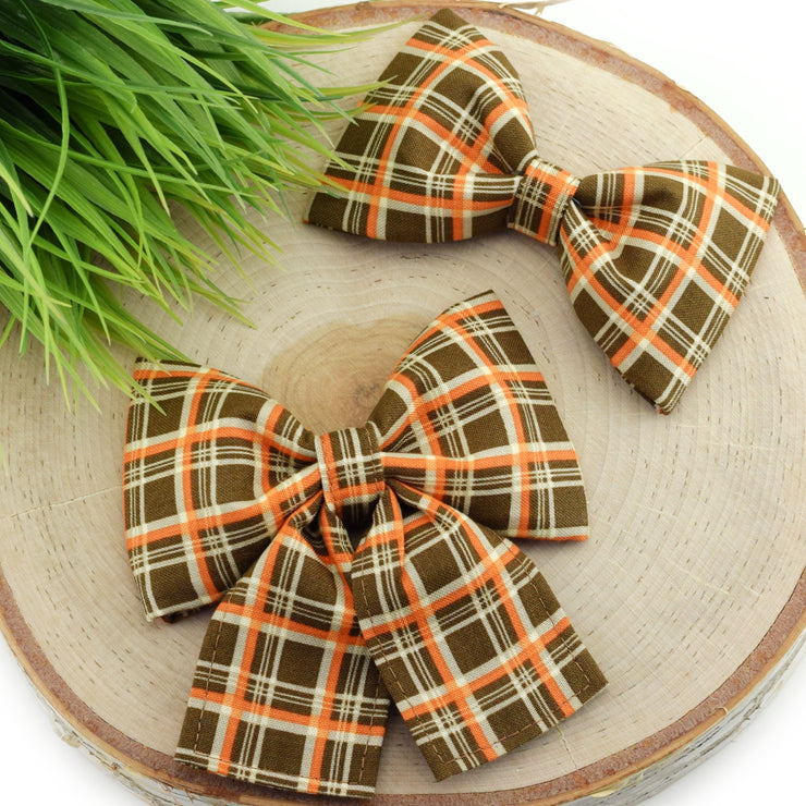 Autumn Plaid Dog Collar Bow - Orange & Brown