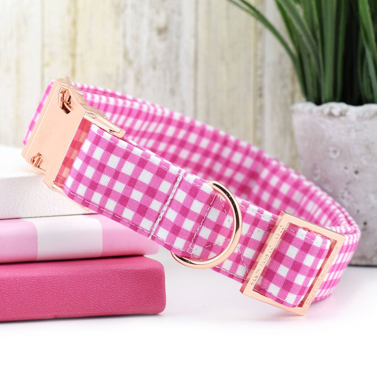 Painted Gingham Dog Collar - Magenta & White
