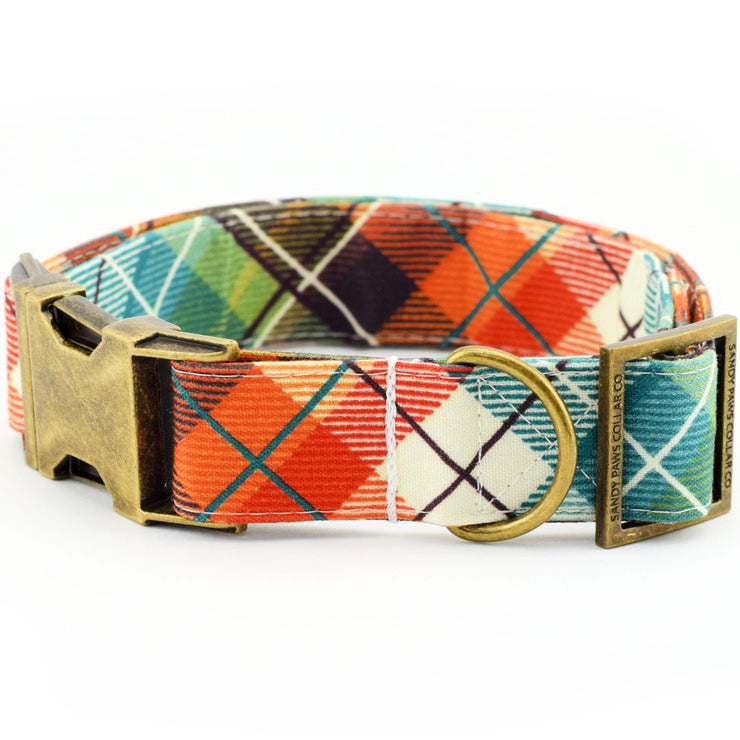 Fall Plaid Dog Collar - Orange & Teal ~ Fall Fabric Dog Collar ~ Personalized Dog Collar ~ Antique Bronze Hardware ~ Sandy Paws Collar Co®
