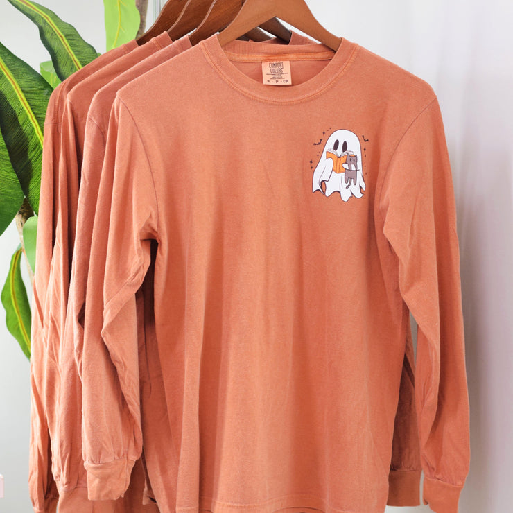 Scary Reading Pals Graphic T-Shirt ~ Halloween Graphic LS Shirt ~ Reading Ghost w/ Cat Graphic Shirt ~Sandy Paws Collar Co®