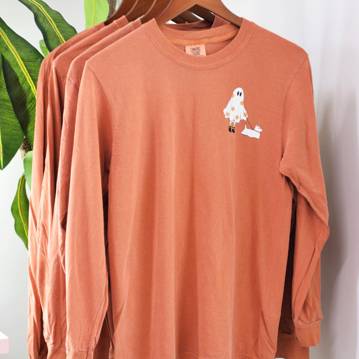 Floral Ghost Walking Dog Graphic T-Shirt ~ Halloween Graphic LS Shirt ~ Ghost Walking Dog Halloween Graphic Shirt ~ Sandy Paws Collar Co®