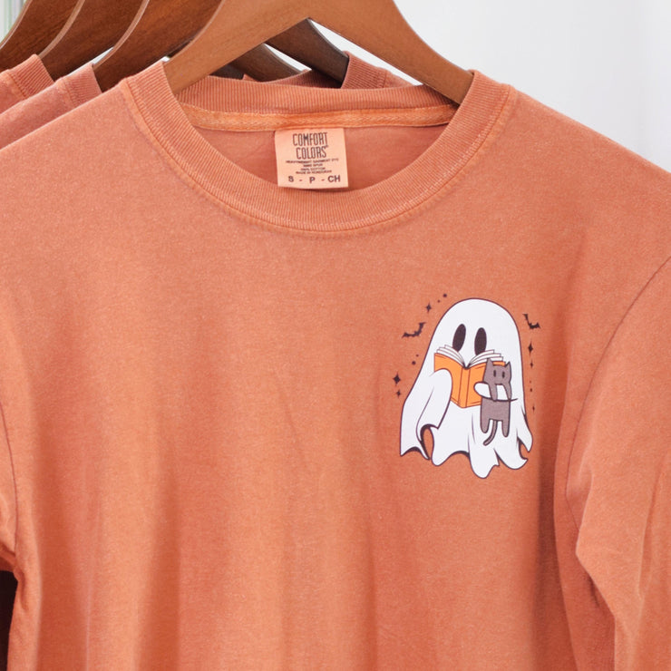 Scary Reading Pals Graphic T-Shirt ~ Halloween Graphic LS Shirt ~ Reading Ghost w/ Cat Graphic Shirt ~Sandy Paws Collar Co®
