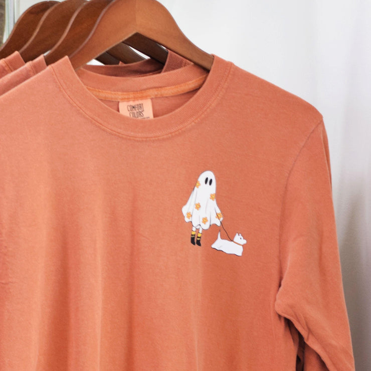 Floral Ghost Walking Dog Graphic T-Shirt ~ Halloween Graphic LS Shirt ~ Ghost Walking Dog Halloween Graphic Shirt ~ Sandy Paws Collar Co®