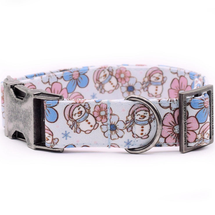 Frosty Floral Dog Collar ~ Winter Dog Collar ~ Christmas Snowman Cotton Fabric Dog Collar ~ Antique Silver Hardware ~ Sandy Paws Collar Co®