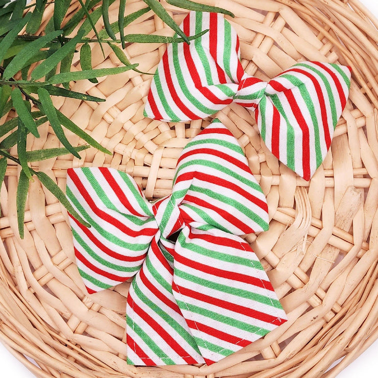 Christmas Striped Dog Collar Bow - Red, Green & White ~ Dog Bow ~ Girly Dog Collar Bow ~ Slide On Bow for Dog Collar ~ Sandy Paws Collar Co®