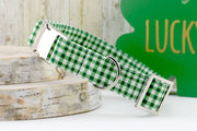 Painted Gingham Dog Collar - Pine Green & White