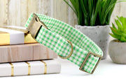 Painted Gingham Dog Collar - Leaf Green & White
