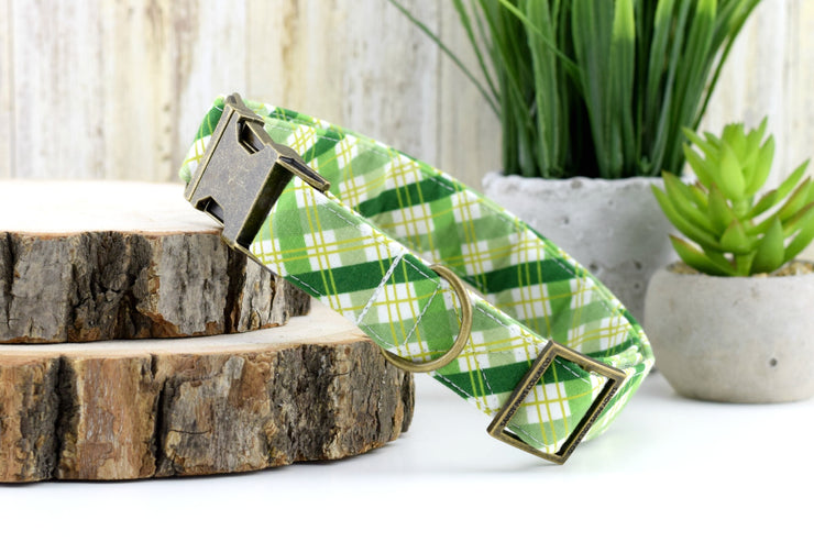 Plaid Dog Collar - Green & White