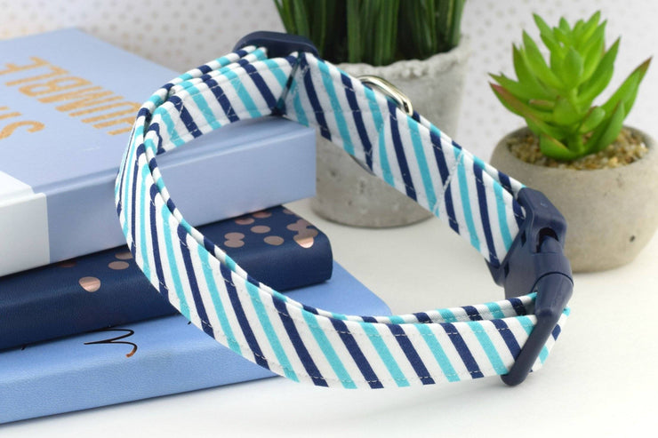 Striped Dog Collar - Navy, Aqua & White