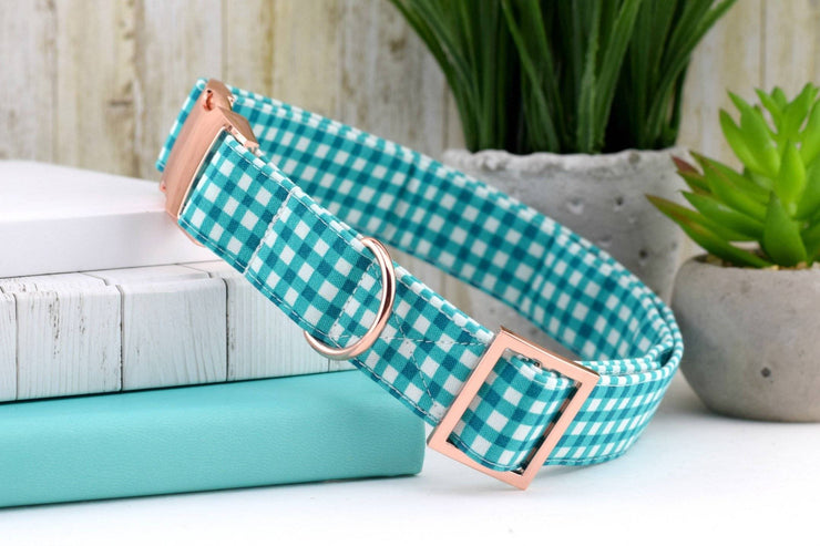 Painted Gingham Dog Collar - Marine Blue & White