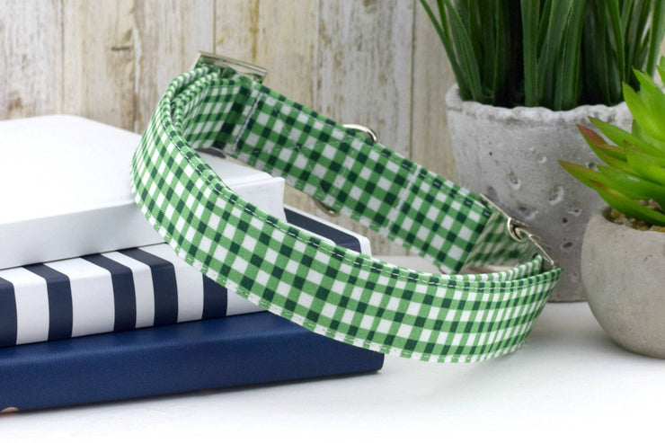 Painted Gingham Dog Collar - Pine Green & White