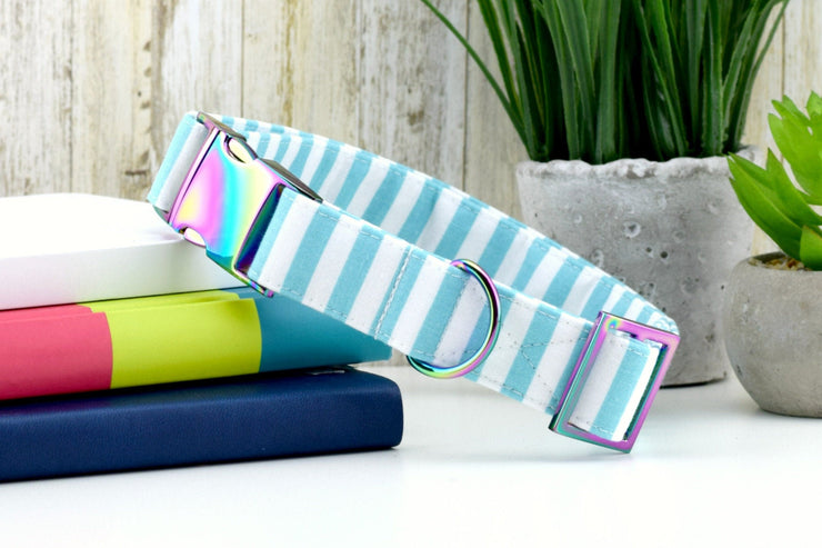 Dog Collar - Aqua Blue and White Striped Cotton Fabric Collar 