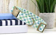 Summer Gingham Dog Collar - Green ~ Blue, White ~ Fabric Dog Collar ~ Fashion Dog Collar ~ Antique Bronze Hardware ~ Sandy Paws Collar Co