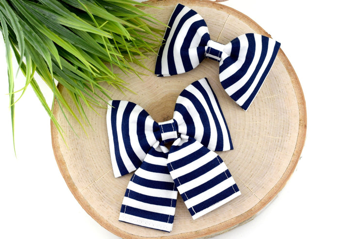 Striped Dog Collar Bow - Navy & White ~ Striped Dog Collar Bow Tie ~ Girly Dog Collar Bow ~ Slide On Bow for Collar ~ Sandy Paws Collar Co®