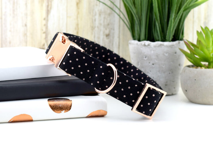 Polka Dot Dog Collar - Black & Rose Gold ~ Metallic Polka Dot Cotton Fabric ~ Fashion Dog Collar ~ Rose Gold Metal Hardware