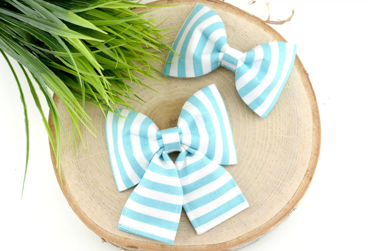 Striped Dog Collar Bow - Aqua Blue & White ~ Striped Dog Collar Bow Tie ~ Girly Dog Collar Bow ~ Slide On Collar Bow ~ Sandy Paws Collar Co®