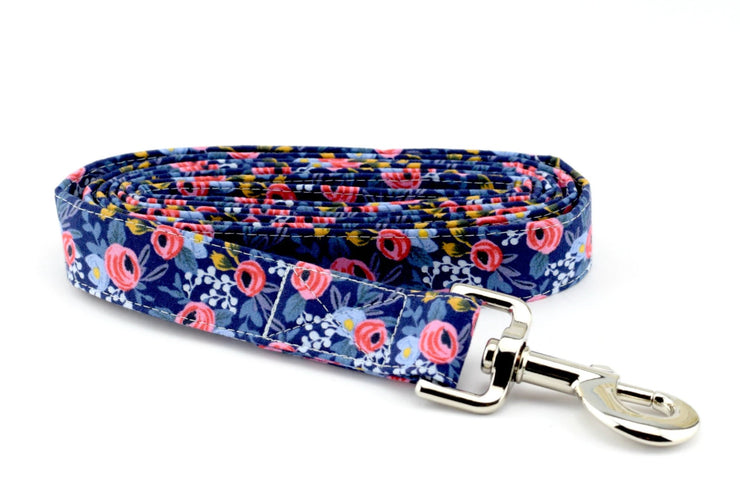 Floral Fabric Dog Leash - Les Fleurs Rosa in Navy Dog Leash 