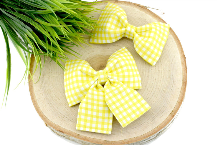 Painted Gingham Dog Collar Bow - Yellow & White ~ Collar Bow Tie ~ Girly Dog Collar Bow ~ Slide On Bow for Dog Collar ~ Sandy Paws Collar Co