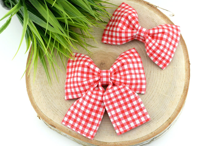 Painted Gingham Dog Collar Bow - Red & White ~ Dog Collar Bow Tie ~ Girly Dog Collar Bow ~ Slide On Dog Collar Bow ~ Sandy Paws Collar Co®