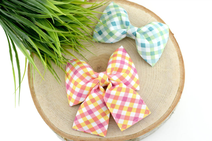 Summer Gingham Dog Collar Bow ~ Gingham Bow Tie ~ Girly Dog Collar Bow ~ Slide On Bow for Dog Collar ~ Sandy Paws Collar Co