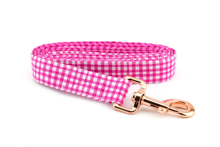 Painted Gingham Dog Leash - Magenta & White ~ Gingham Fabric Dog Leash ~ Fashion Dog Leash ~ Rose Gold Hardware ~Sandy Paws Collar Co