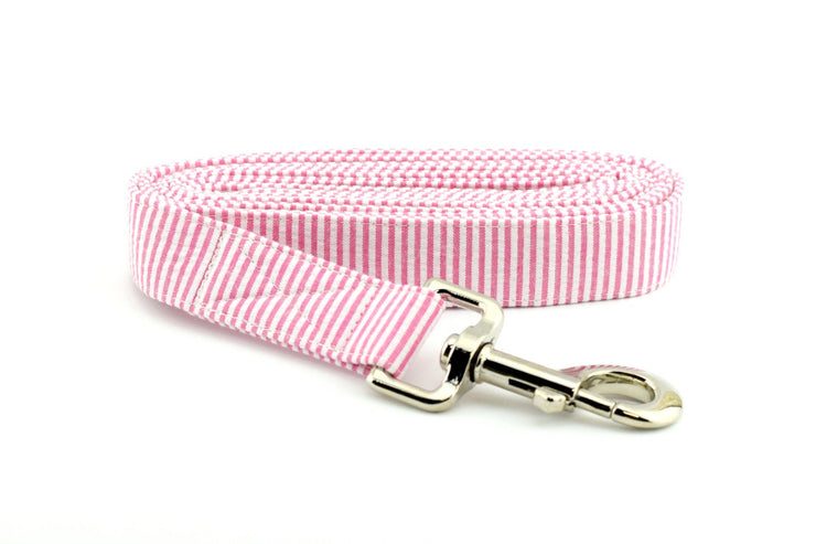 Seersucker Dog Leash - Fuchsia & White ~ Seersucker Fabric Dog Leash ~ Silver Metal Hardware ~ Sandy Paws Collar Co