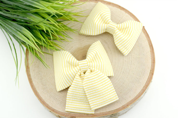 Seersucker Dog Collar Bow - Yellow & White ~ Dog Collar Bow Tie ~ Girly Dog Collar Bow ~ Slide On Bow for Dog Collar ~ Sandy Paws Collar Co®