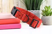 Sketched Heart Print Dog Collar - Red ~ Valentine&#39;s Day Print Fabric Dog Collar ~ Matte Black Metal Hardware - Sandy Paws Collar Co