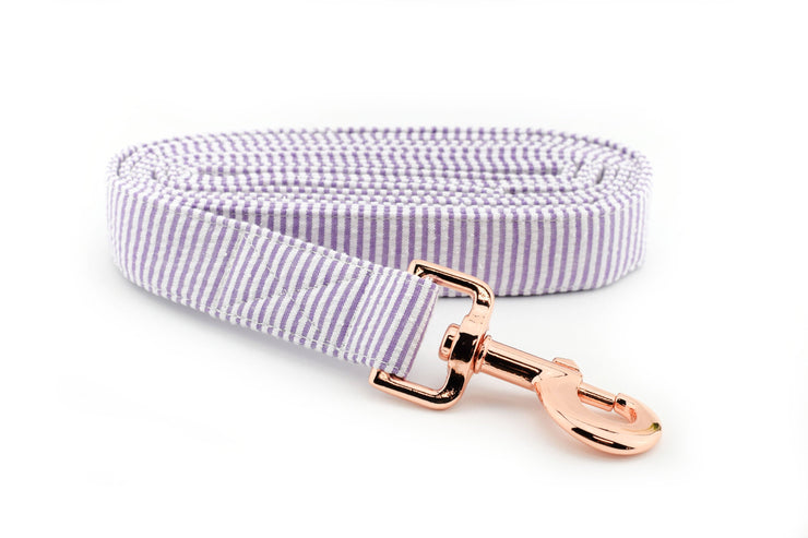 Seersucker Dog Leash - Purple & White ~ Seersucker Fabric Dog Leash ~ Rose Gold Metal Hardware ~ Sandy Paws Collar Co