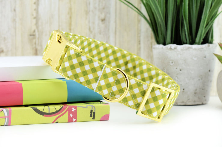 Gingham Dog Collar - Avocado Green ~ Gingham Print Cotton Fabric Dog Collar ~ Fashion Dog Collar ~ Yellow Gold Metal Hardware