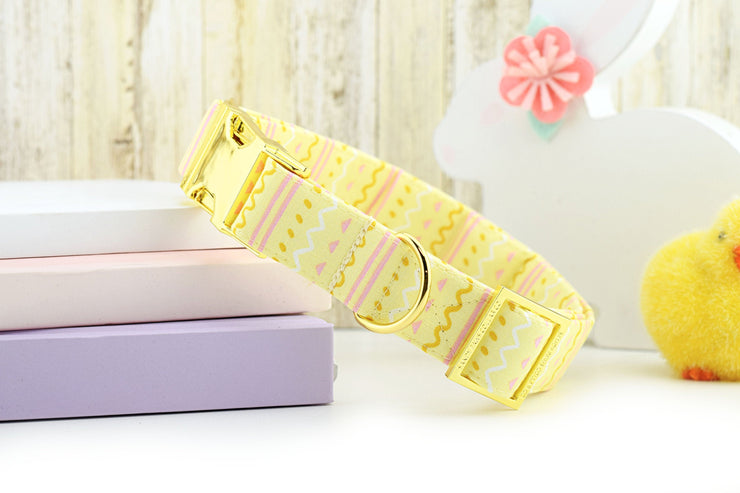 Easter Egg Hunter Dog Collar - Yellow ~ Easter Print Cotton Fabric Dog Collar ~ Yellow Gold Hardware ~ Sandy Paws Collar Co