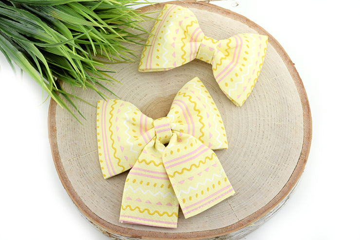 Easter Egg Hunt Dog Collar Bow - Yellow ~ Easter Print Bow Tie ~ Girly Dog Collar Bow ~ Slide On Bow for Dog Collar ~ Sandy Paws Collar Co®