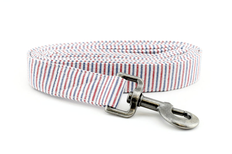 Seersucker Dog Leash - Patriotic ~ Red, White & Blue Seersucker Fabric Dog Leash ~ Antique Silver Metal Hardware ~ Sandy Paws Collar Co