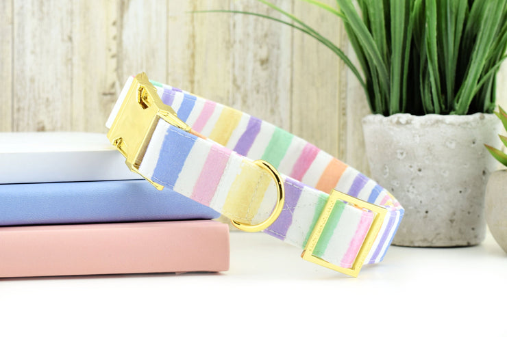Spring Stripe Dog Collar ~ Pastel Easter Stripe Cotton Fabric Fashion Dog Collar ~ Yellow Gold Metal Hardware ~ Sandy Paws Collar Co