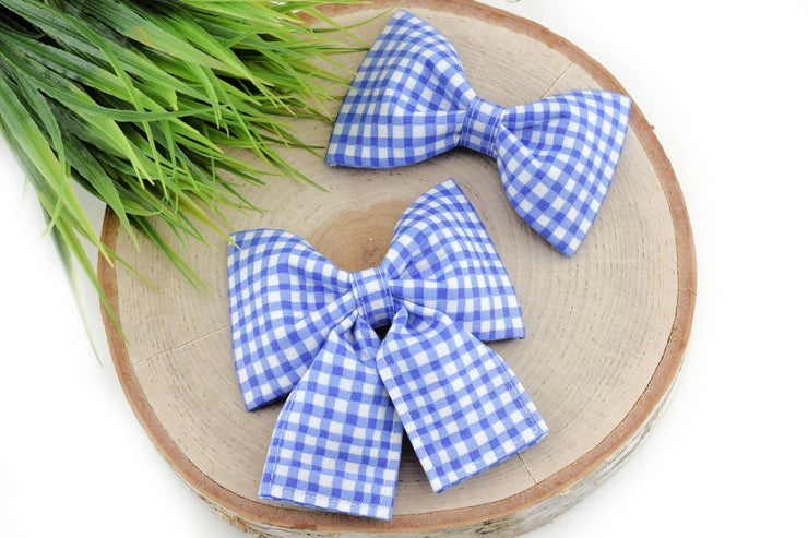 Painted Gingham Dog Collar Bow - Periwinkle & White ~ Collar Bow ~ Girly Dog Collar Bow ~ Slide On Bow for Dog Collar ~ Sandy Paws Collar Co