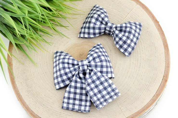 Painted Gingham Dog Collar Bow - Gray & White ~ Collar Bow Tie ~ Girly Dog Collar Bow ~ Slide On Bow for Dog Collar ~ Sandy Paws Collar Co®