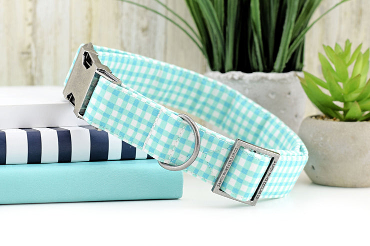 Painted Gingham Dog Collar - Aqua & White ~ Fabric Dog Collar ~ Fashion Dog Collar ~ Antique Silver Metal Hardware ~ Sandy Paws Collar Co