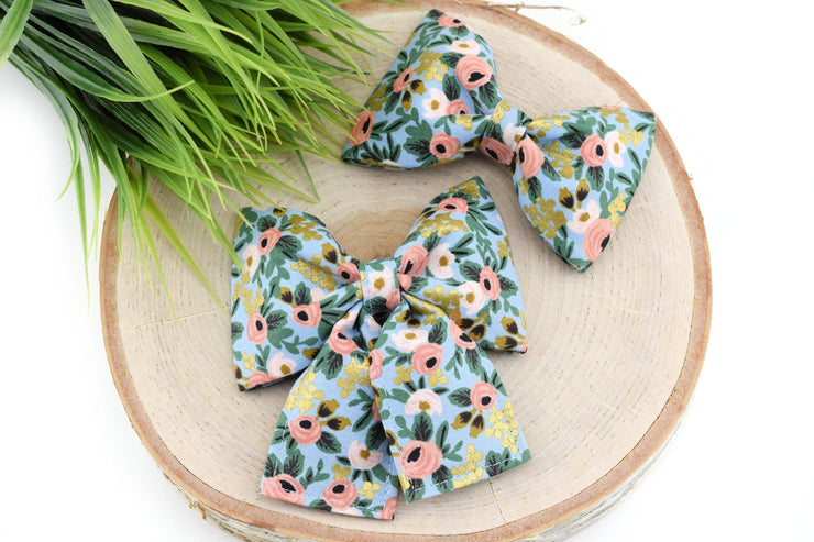 Garden Party Dog Collar Bow - Chambray ~ Floral Dog Collar Bow Tie ~ Girly Dog Collar Bow ~ Slide On Dog Collar Bow ~ Sandy Paws Collar Co®