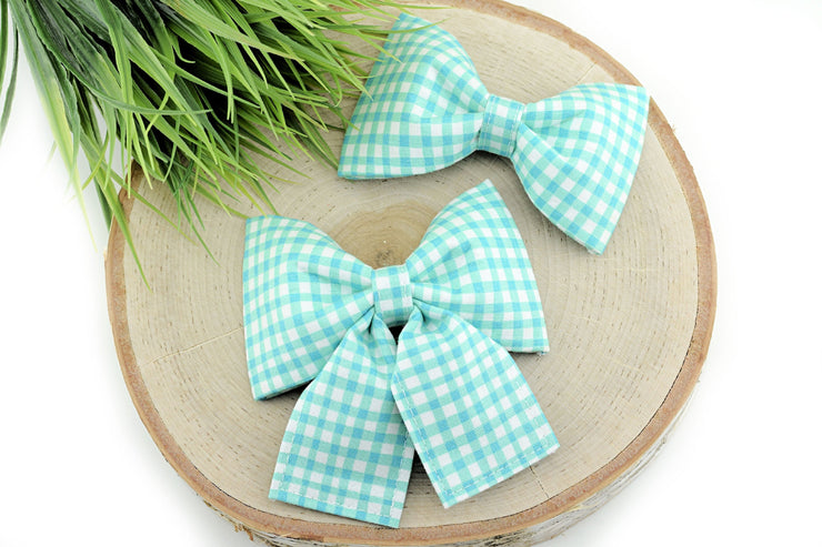 Painted Gingham Dog Collar Bow - Aqua & White ~ Collar Bow ~ Girly Dog Collar Bow ~ Slide On Bow for Dog Collar ~ Sandy Paws Collar Co®