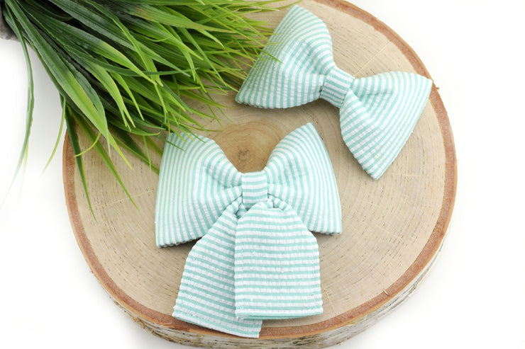 Seersucker Dog Collar Bow - Palm Green & White ~ Dog Collar Bow Tie ~ Girly Collar Bow ~ Slide On Bow for Dog Collar ~ Sandy Paws Collar Co®