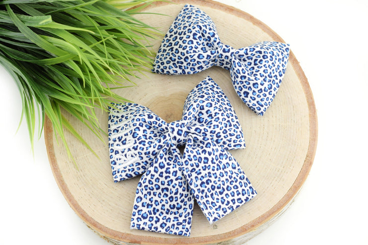 Mini Cheetah Dog Collar Bow - Blue & White ~ Cheetah Bow Tie ~ Girly Dog Collar Bow ~ Slide On Bow for Dog Collar ~ Sandy Paws Collar Co®