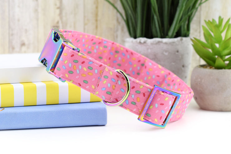 Sprinkles Dog Collar - Pink ~ Summer Print Fabric Dog Collar ~ Fashion Dog Collar ~ Rainbow/Iridescent Metal Hardware ~ Sandy Paws Collar Co