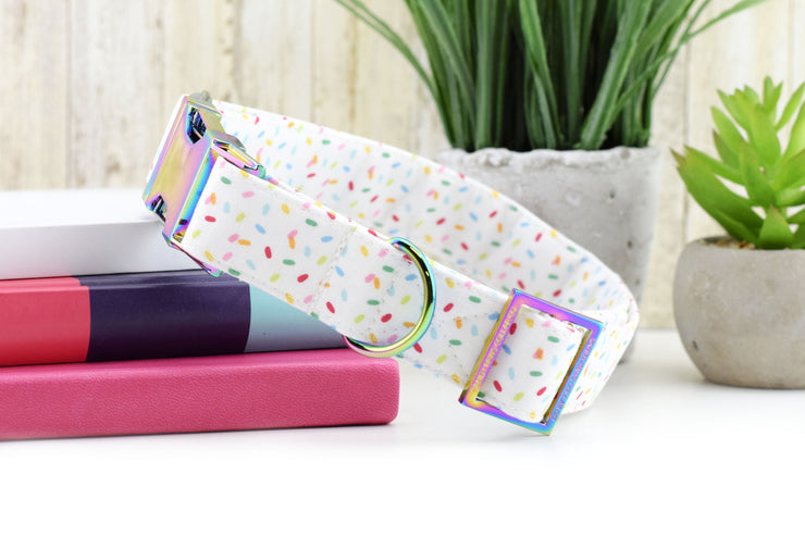 Sprinkles Dog Collar - White ~ Summer Print Fabric Dog Collar ~ Fashion Dog Collar ~ Rainbow/Iridescent Hardware ~ Sandy Paws Collar Co
