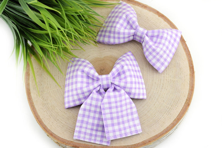 Painted Gingham Dog Collar Bow - Lilac & White ~ Bow Tie ~ Girly Dog Collar Bow ~ Slide On Bow for Dog Collar ~ Sandy Paws Collar Co®