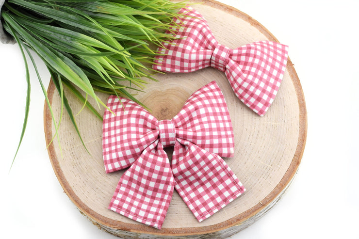 Painted Gingham Dog Collar Bow - Rose & White ~ Bow Tie ~ Girly Dog Collar Bow ~ Slide On Bow for Dog Collar ~ Sandy Paws Collar Co®