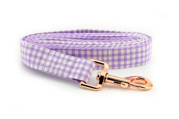 Painted Gingham Dog Leash - Lilac & White ~ Gingham Fabric Dog Leash ~ Fabric Dog Leash ~ Rose Gold Hardware ~ Sandy Paws Collar Co