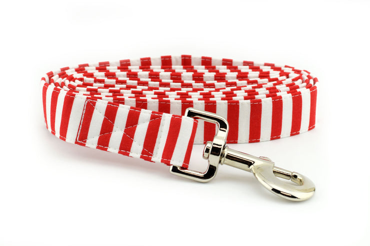 Striped Dog Leash - Red & White ~ Striped Fabric Dog Leash ~ Fabric Dog Leash ~ Silver Hardware ~ Sandy Paws Collar Co